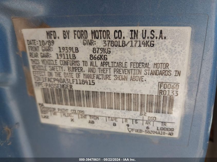 1990 Ford Mustang Lx VIN: 1FACP40A3LF118415 Lot: 39478631