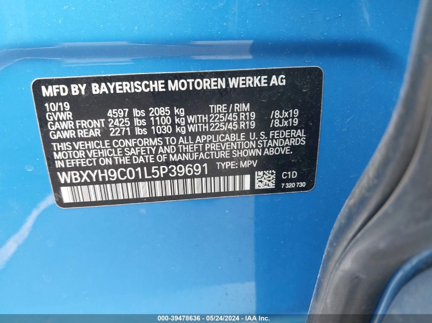 2020 BMW X2 Sdrive28I VIN: WBXYH9C01L5P39691 Lot: 39478636