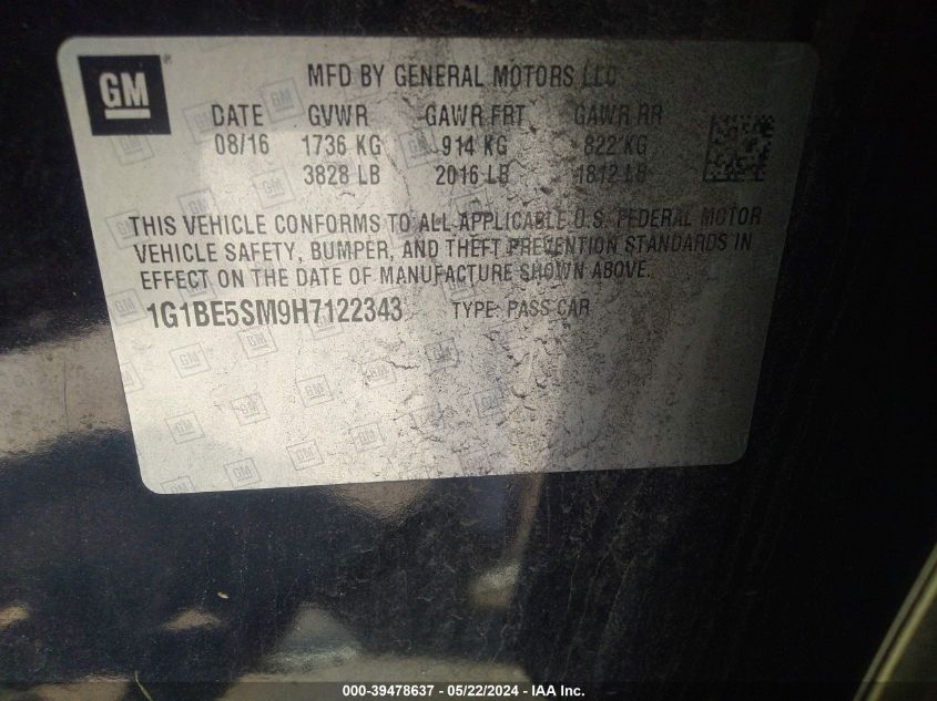 2017 Chevrolet Cruze Lt Auto VIN: 1G1BE5SM9H7122343 Lot: 39478637