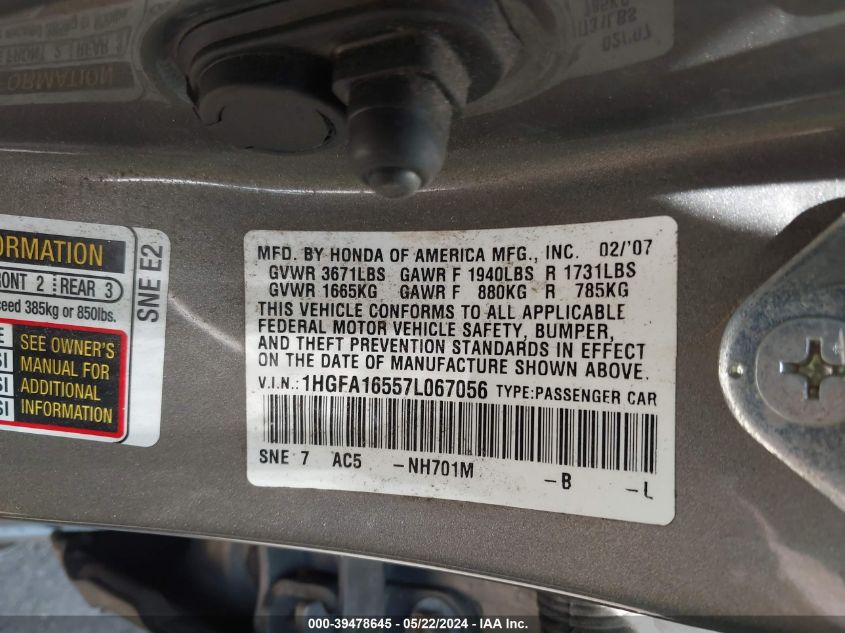 2007 Honda Civic Lx VIN: 1HGFA16557L067056 Lot: 39478645