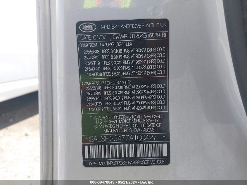 2007 Land Rover Range Rover Sport Supercharged VIN: SALSH23477A100427 Lot: 39478649