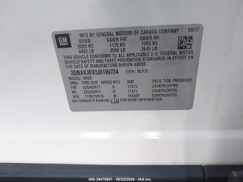 2018 Chevrolet Equinox Lt VIN: 2GNAXJEV3J6199734 Lot: 39478651