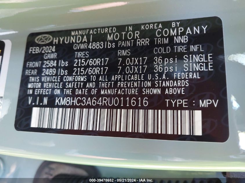 2024 Hyundai Kona Electric Sel VIN: KM8HC3A64RU011616 Lot: 39478652