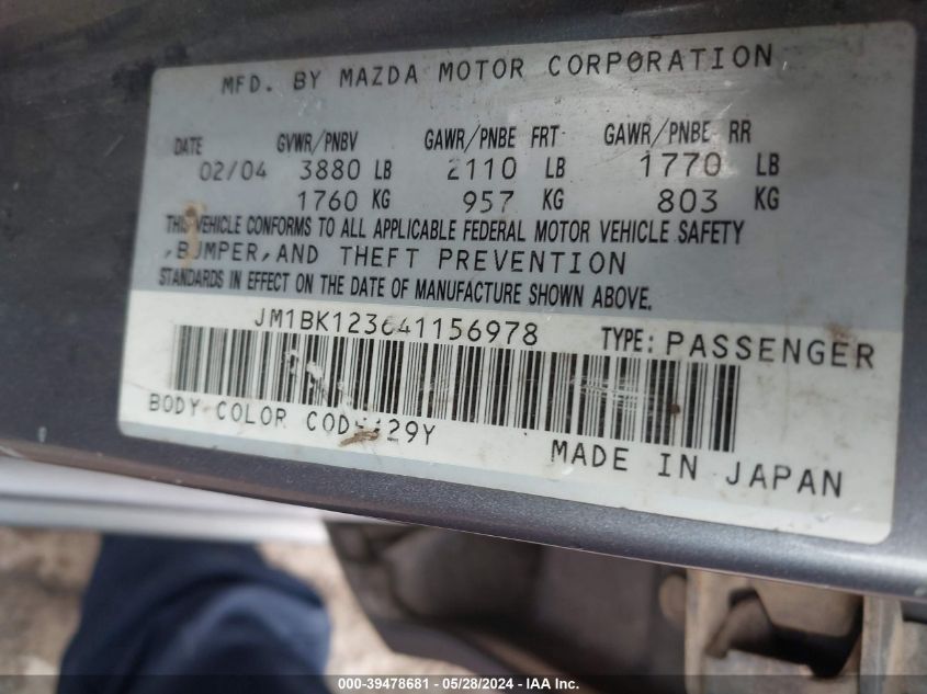 2004 Mazda Mazda3 S VIN: JM1BK123641156978 Lot: 39478681