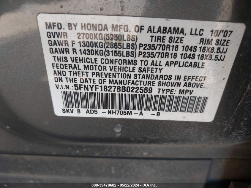 2008 Honda Pilot Vp VIN: 5FNYF18278B022569 Lot: 39478682