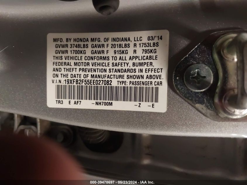 2014 Honda Civic Lx VIN: 19XFB2F55EE027082 Lot: 39478697