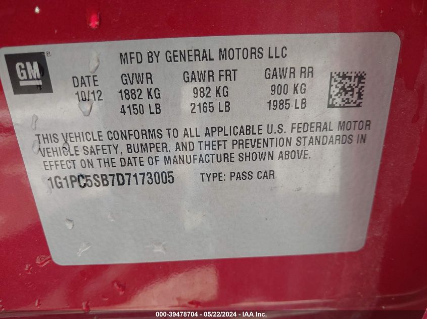 2013 Chevrolet Cruze 1Lt Auto VIN: 1G1PC5SB7D7173005 Lot: 39478704