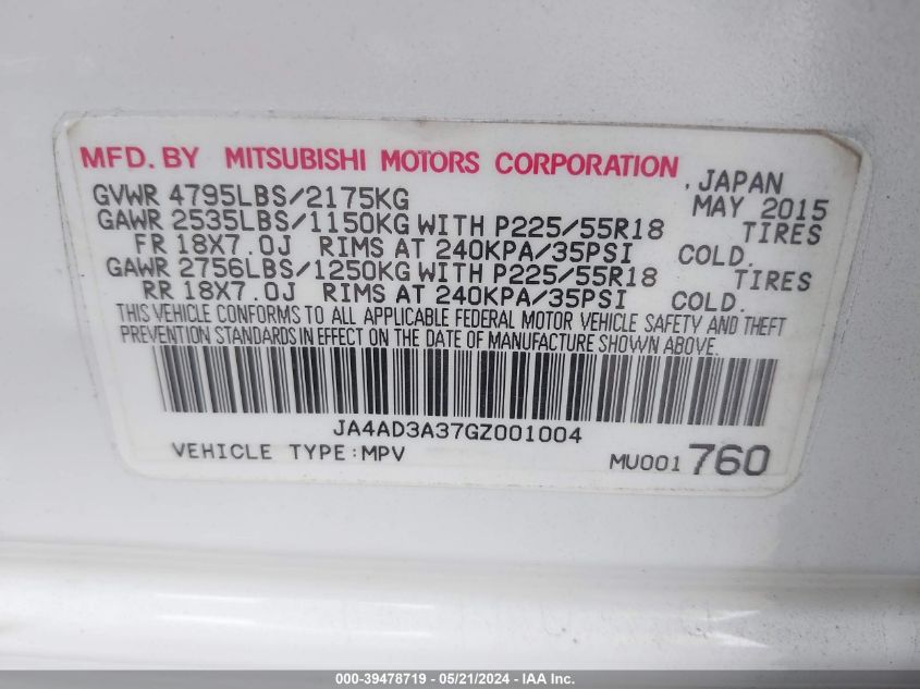 2016 Mitsubishi Outlander Sel VIN: JA4AD3A37GZ001004 Lot: 39478719