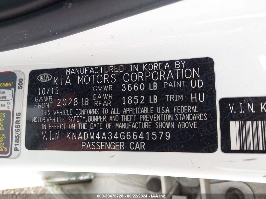 2016 Kia Rio Lx VIN: KNADM4A34G6641579 Lot: 39478728