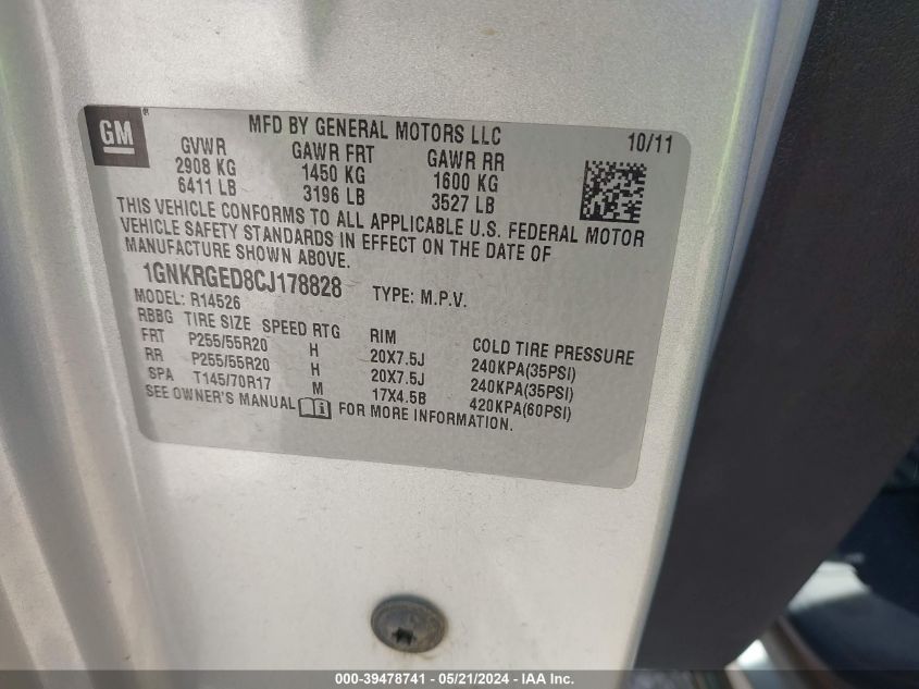 2012 Chevrolet Traverse 1Lt VIN: 1GNKRGED8CJ178828 Lot: 39478741