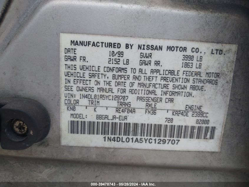 2000 Nissan Altima Gle/Gxe/Se VIN: 1N4DL01A5YC129707 Lot: 39478743