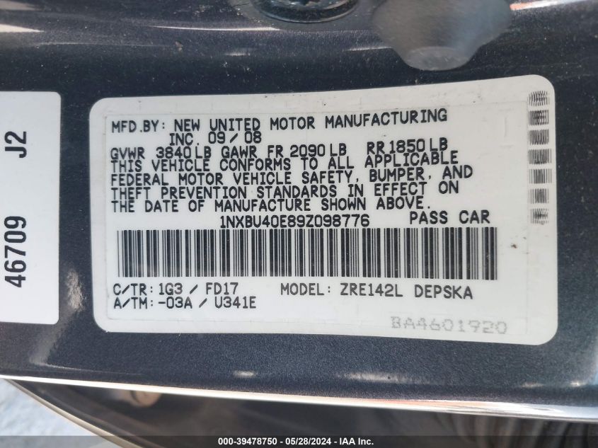 2009 Toyota Corolla S VIN: 1NXBU40E89Z098776 Lot: 39478750