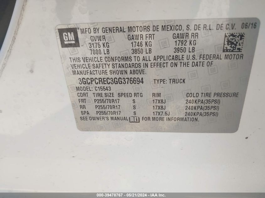 2016 Chevrolet Silverado 1500 1Lt VIN: 3GCPCREC3GG376694 Lot: 39478767