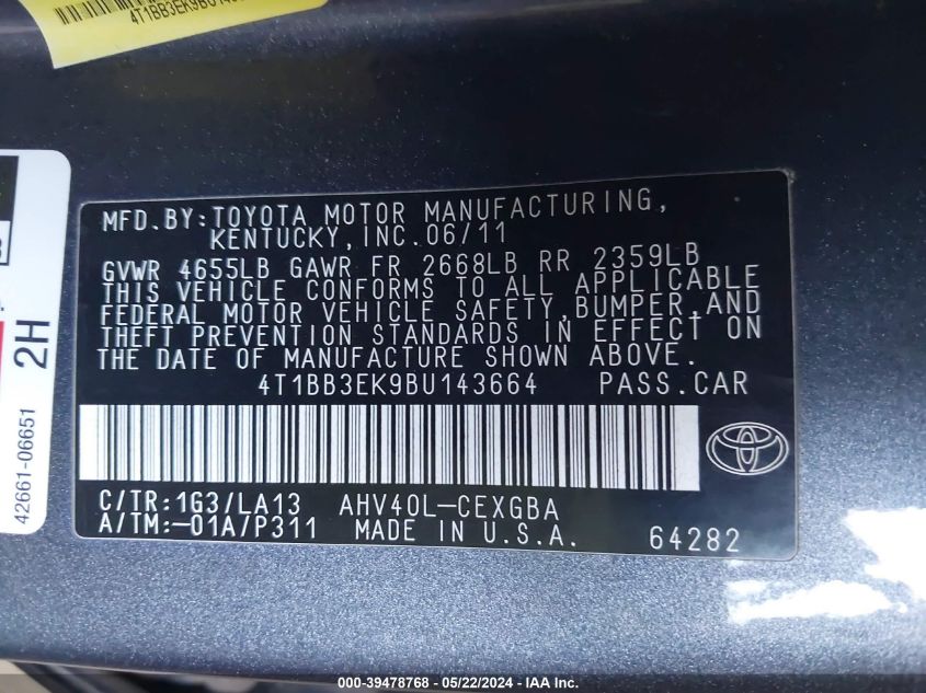 2011 Toyota Camry Hybrid VIN: 4T1BB3EK9BU143664 Lot: 39478768