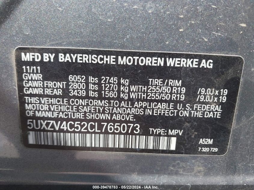 2012 BMW X5 xDrive35I/xDrive35I Premium/xDrive35I Sport Activity VIN: 5UXZV4C52CL765073 Lot: 39478783