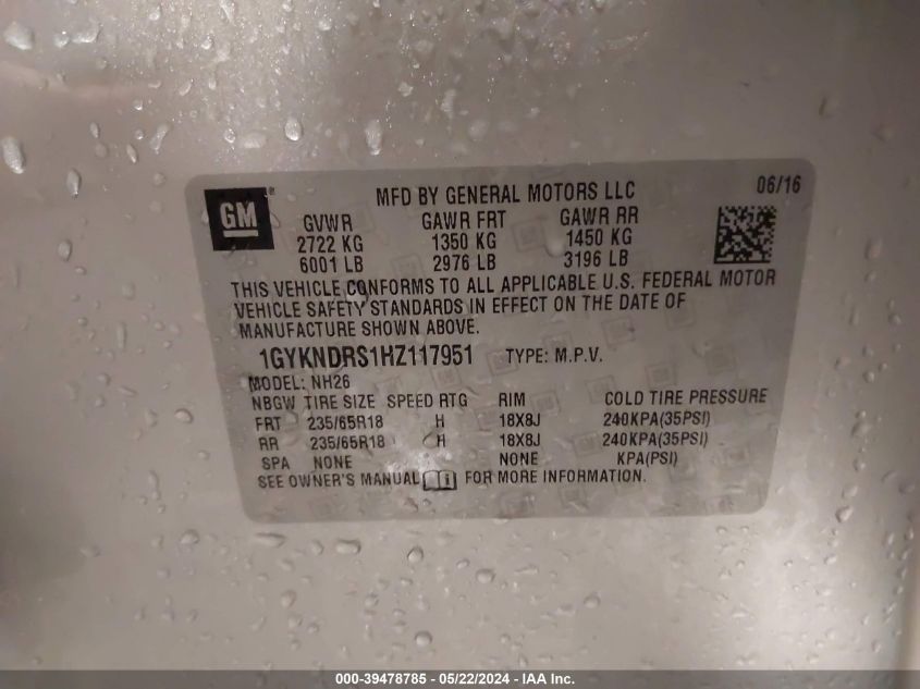 2017 Cadillac Xt5 Luxury VIN: 1GYKNDRS1HZ117951 Lot: 39478785