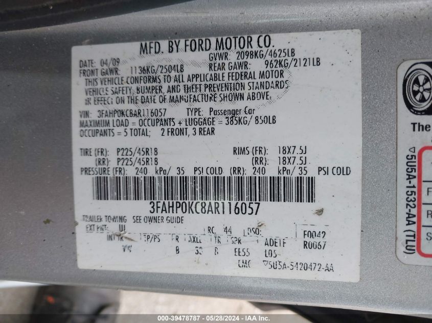 2010 Ford Fusion Sport VIN: 3FAHP0KC8AR116057 Lot: 39478787