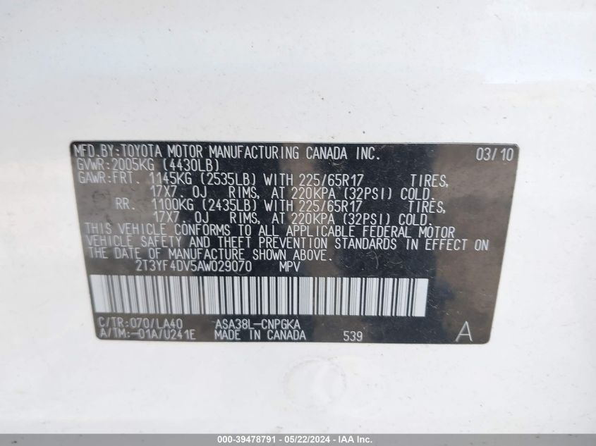 2010 Toyota Rav4 Limited VIN: 2T3YF4DV5AW029070 Lot: 39478791