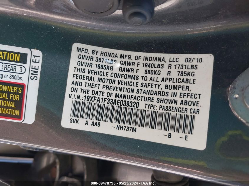 2010 Honda Civic Vp VIN: 19XFA1F33AE039320 Lot: 39478795