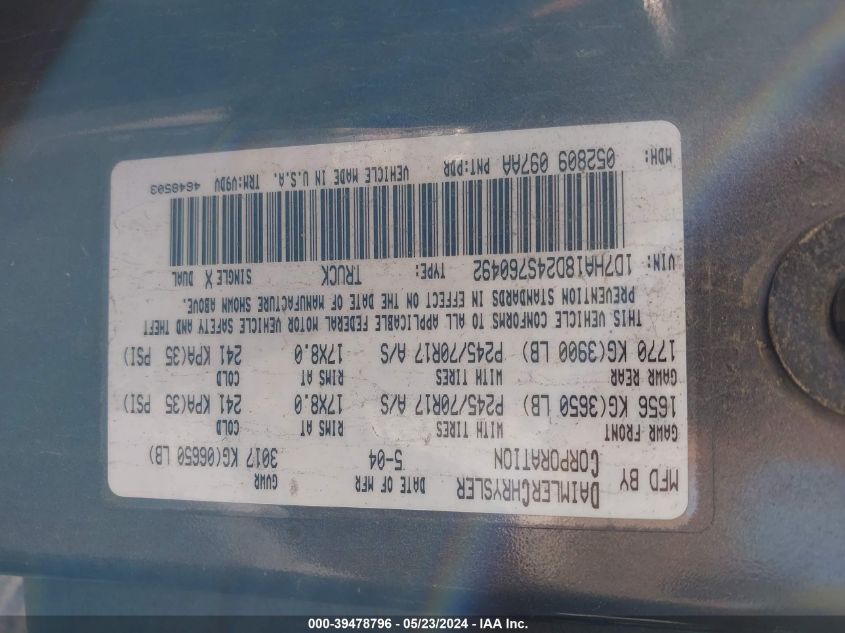 2004 Dodge Ram 1500 Slt/Laramie VIN: 1D7HA18D24S760492 Lot: 39478796