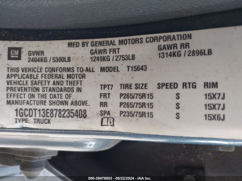 2007 Chevrolet Colorado Lt VIN: 1GCDT13E878235408 Lot: 39478803