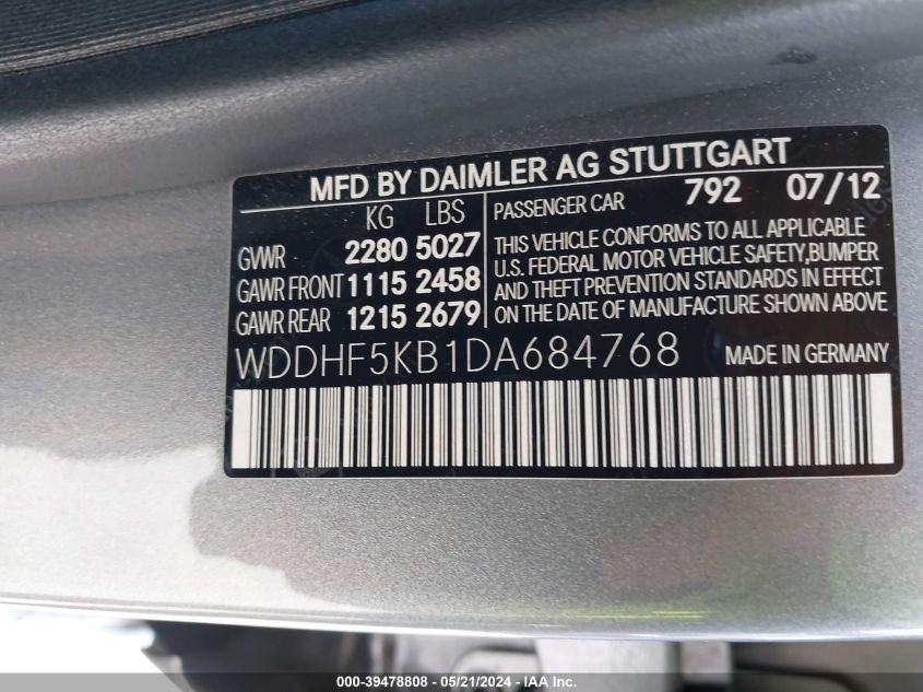 2013 Mercedes-Benz E 350 VIN: WDDHF5KB1DA684768 Lot: 39478808