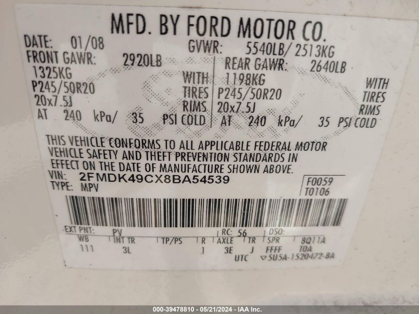 2008 Ford Edge Limited VIN: 2FMDK49CX8BA54539 Lot: 39478810