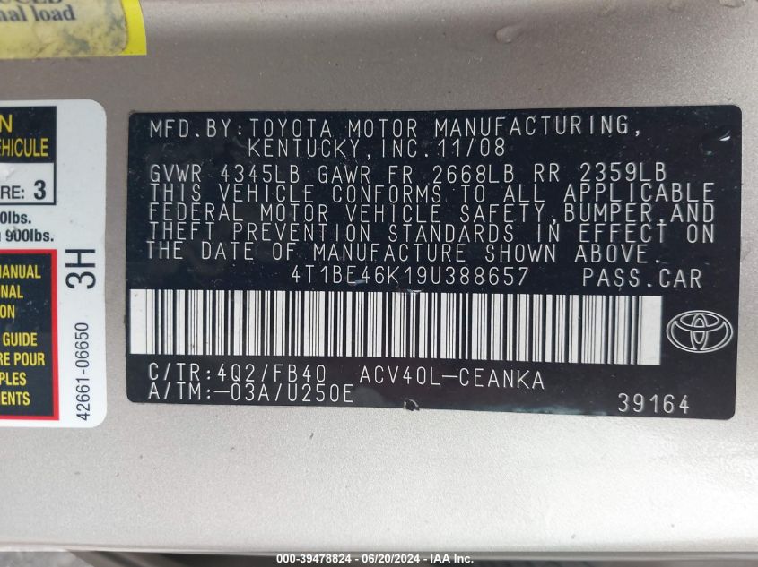 2009 Toyota Camry Le VIN: 4T1BE46K19U388657 Lot: 39478824