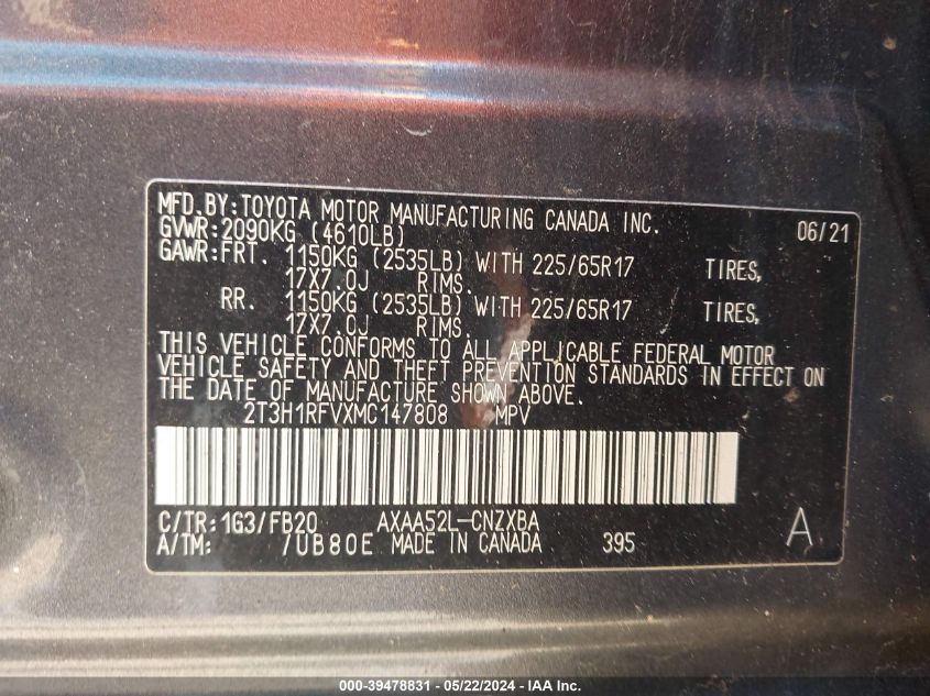 2021 Toyota Rav4 Le VIN: 2T3H1RFVXMC147808 Lot: 39478831