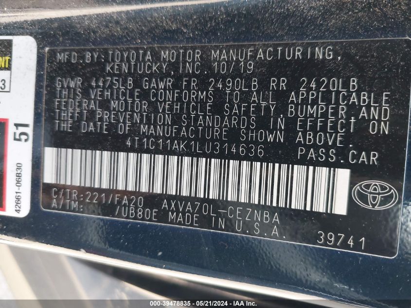 2020 Toyota Camry Le VIN: 4T1C11AK1LU314636 Lot: 39478835