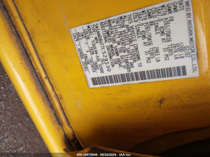 2007 Nissan Xterra S VIN: 5N1AN08U77C529530 Lot: 39478848