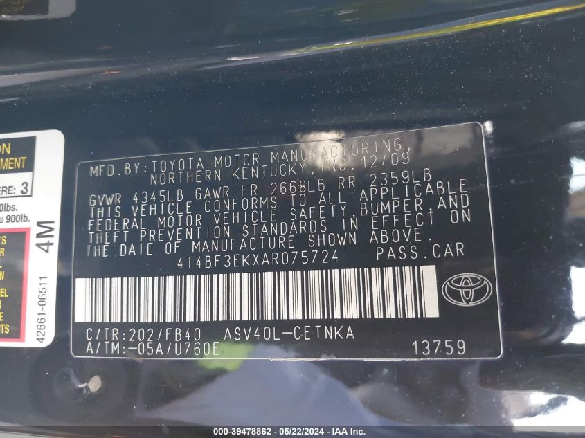 2010 Toyota Camry Le VIN: 4T4BF3EKXAR075724 Lot: 39478862