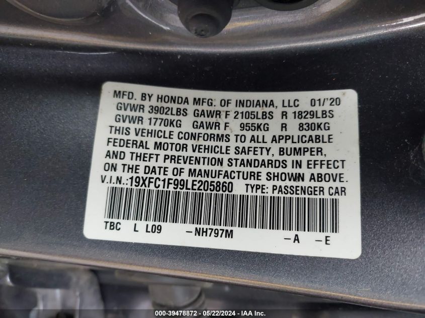 2020 Honda Civic Touring VIN: 19XFC1F99LE205860 Lot: 39478872