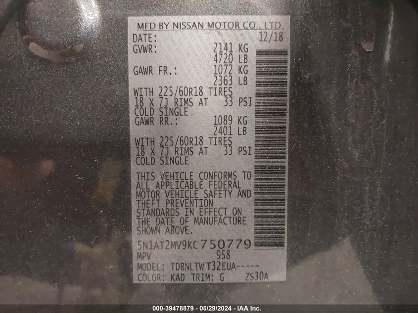 2019 Nissan Rogue Sv VIN: 5N1AT2MV9KC750779 Lot: 39478879