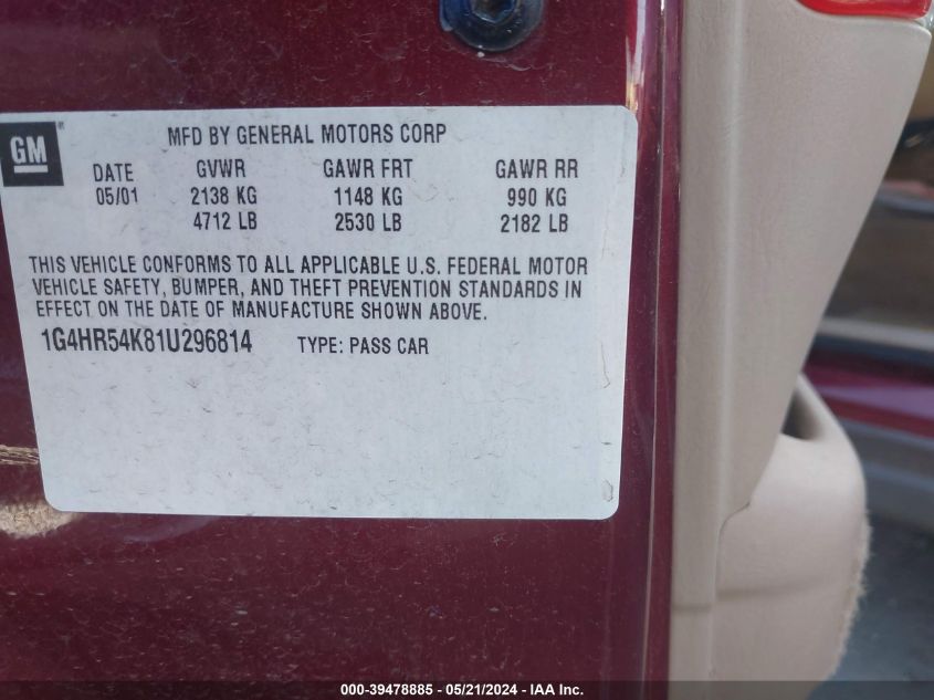 2001 Buick Lesabre Limited VIN: 1G4HR54K81U296814 Lot: 39478885