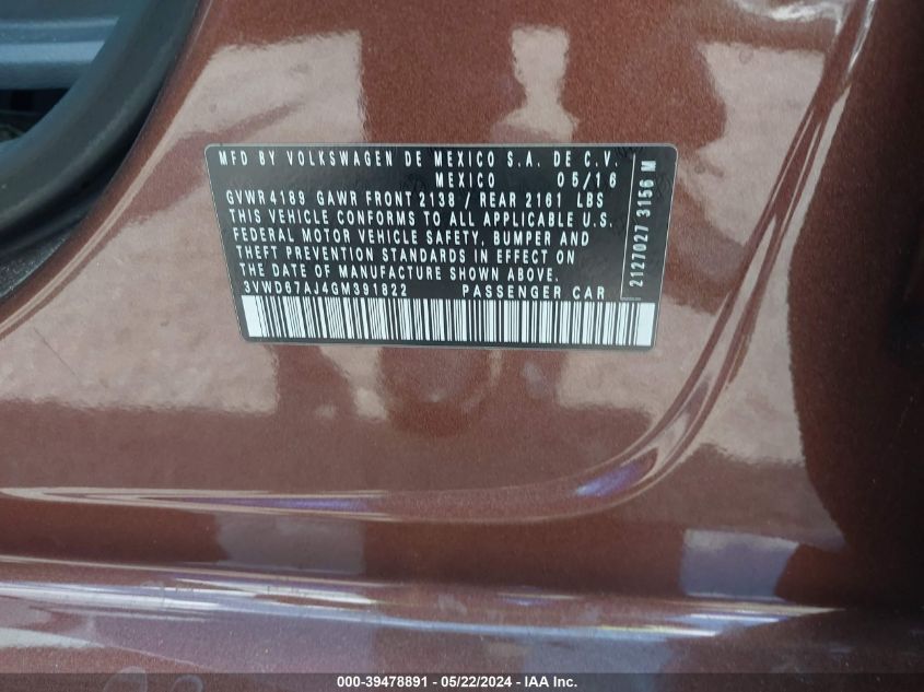 2016 Volkswagen Jetta 1.4T Se VIN: 3VWD67AJ4GM391822 Lot: 39478891