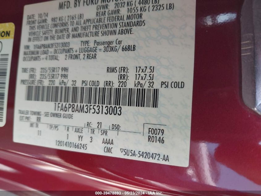 2015 Ford Mustang V6 VIN: 1FA6P8AM3F5313003 Lot: 39478893