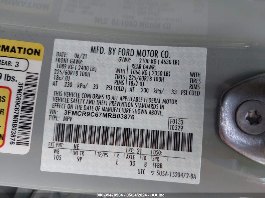2021 Ford Bronco Sport Outer Banks VIN: 3FMCR9C67MRB03876 Lot: 39478904