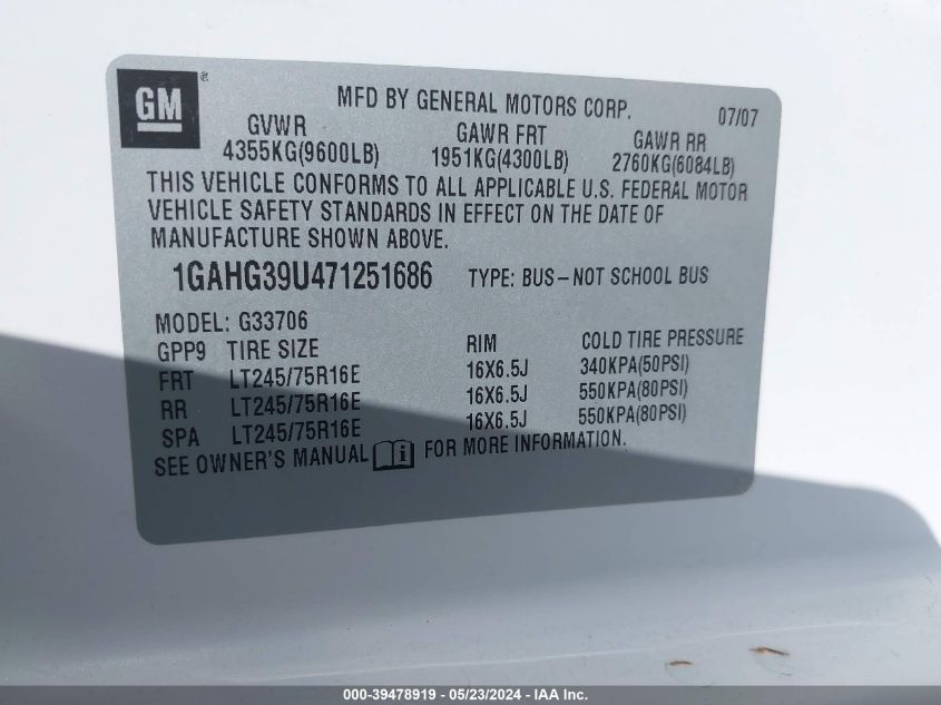 2007 Chevrolet Express Ls VIN: 1GAHG39U471251686 Lot: 39478919