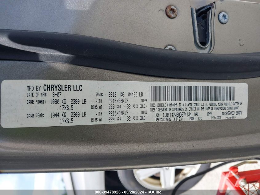 2008 Jeep Compass Sport VIN: 1J8FT47W68D574134 Lot: 39478925