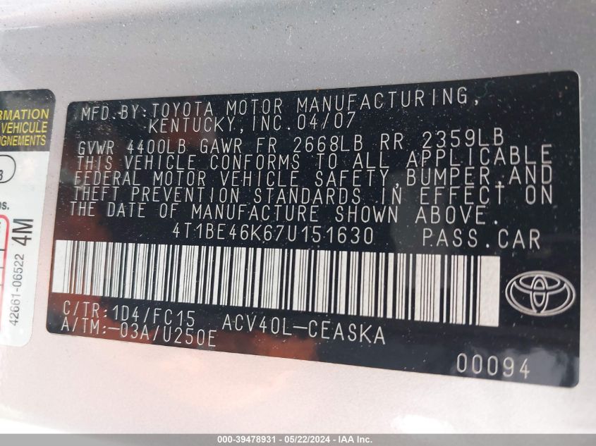 2007 Toyota Camry Se VIN: 4T1BE46K67U151630 Lot: 39478931