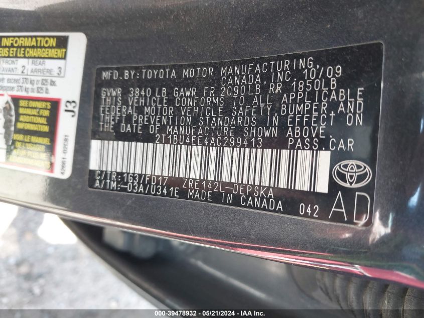 2010 Toyota Corolla S VIN: 2T1BU4EE4AC299413 Lot: 39478932