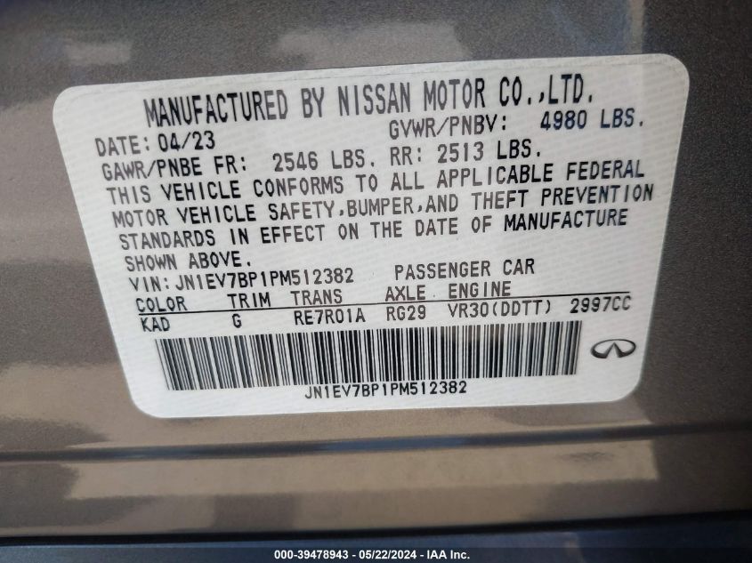 2023 Infiniti Q50 Luxe VIN: JN1EV7BP1PM512382 Lot: 39478943