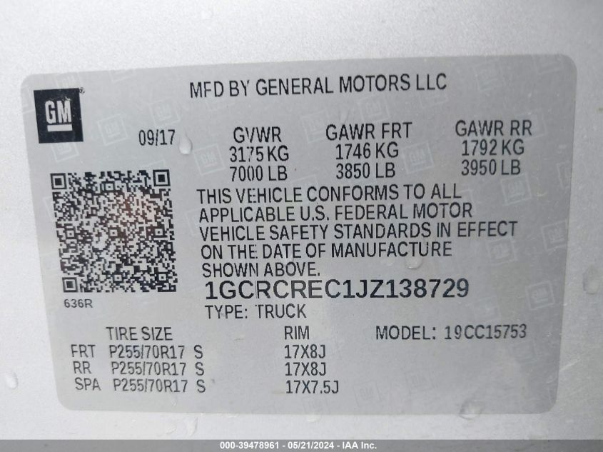 2018 Chevrolet Silverado 1500 1Lt VIN: 1GCRCREC1JZ138729 Lot: 39478961