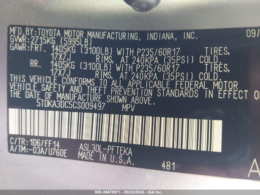 2012 Toyota Sienna Base 7 Passenger VIN: 5TDKA3DC5CS009497 Lot: 39478971