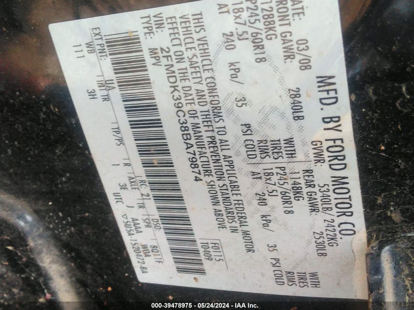 2008 Ford Edge Limited VIN: 2FMDK39C38BA79874 Lot: 39478975