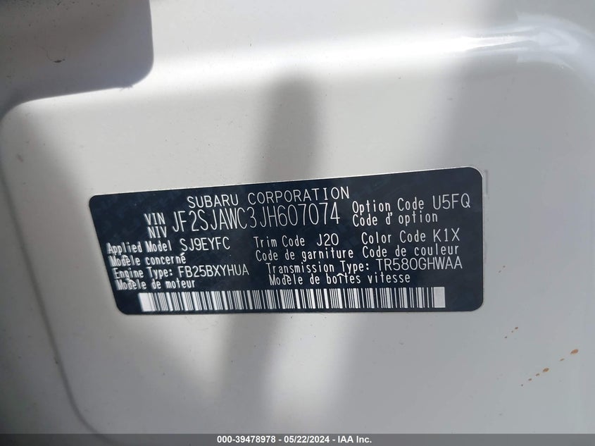 2018 Subaru Forester 2.5I Touring VIN: JF2SJAWC3JH607074 Lot: 39478978