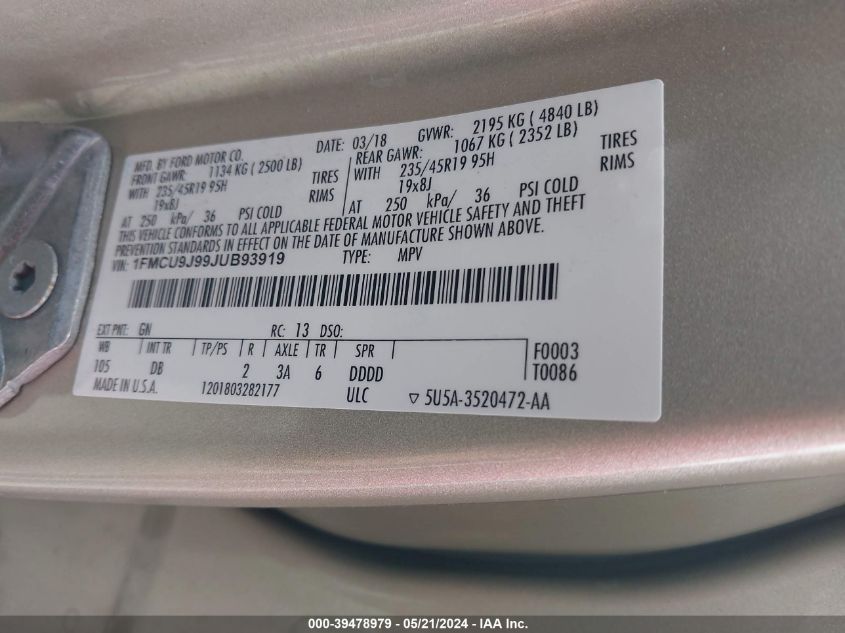 2018 Ford Escape Titanium VIN: 1FMCU9J99JUB93919 Lot: 39478979