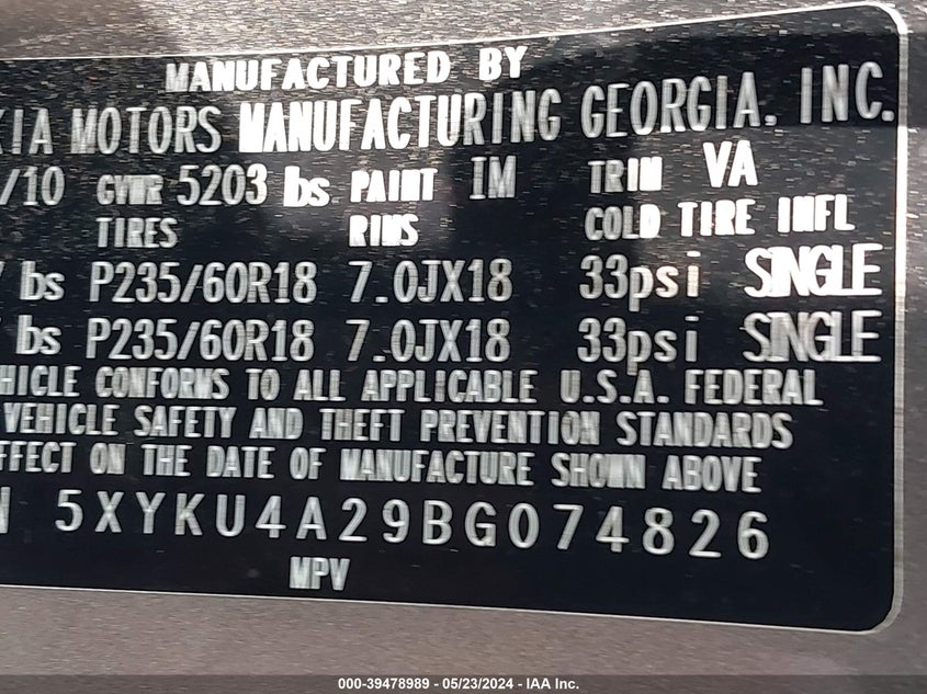 2011 Kia Sorento Ex V6 VIN: 5XYKU4A29BG074826 Lot: 39478989