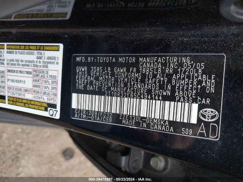 2005 Toyota Corolla S VIN: 2T1BR32E65C494144 Lot: 39478997